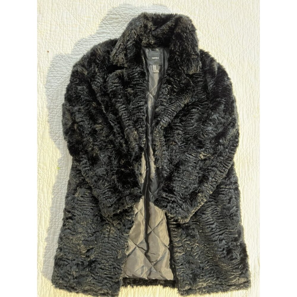 Forever 21 Black Faux Fur Winter Warm Coat Mid Length Size Medium